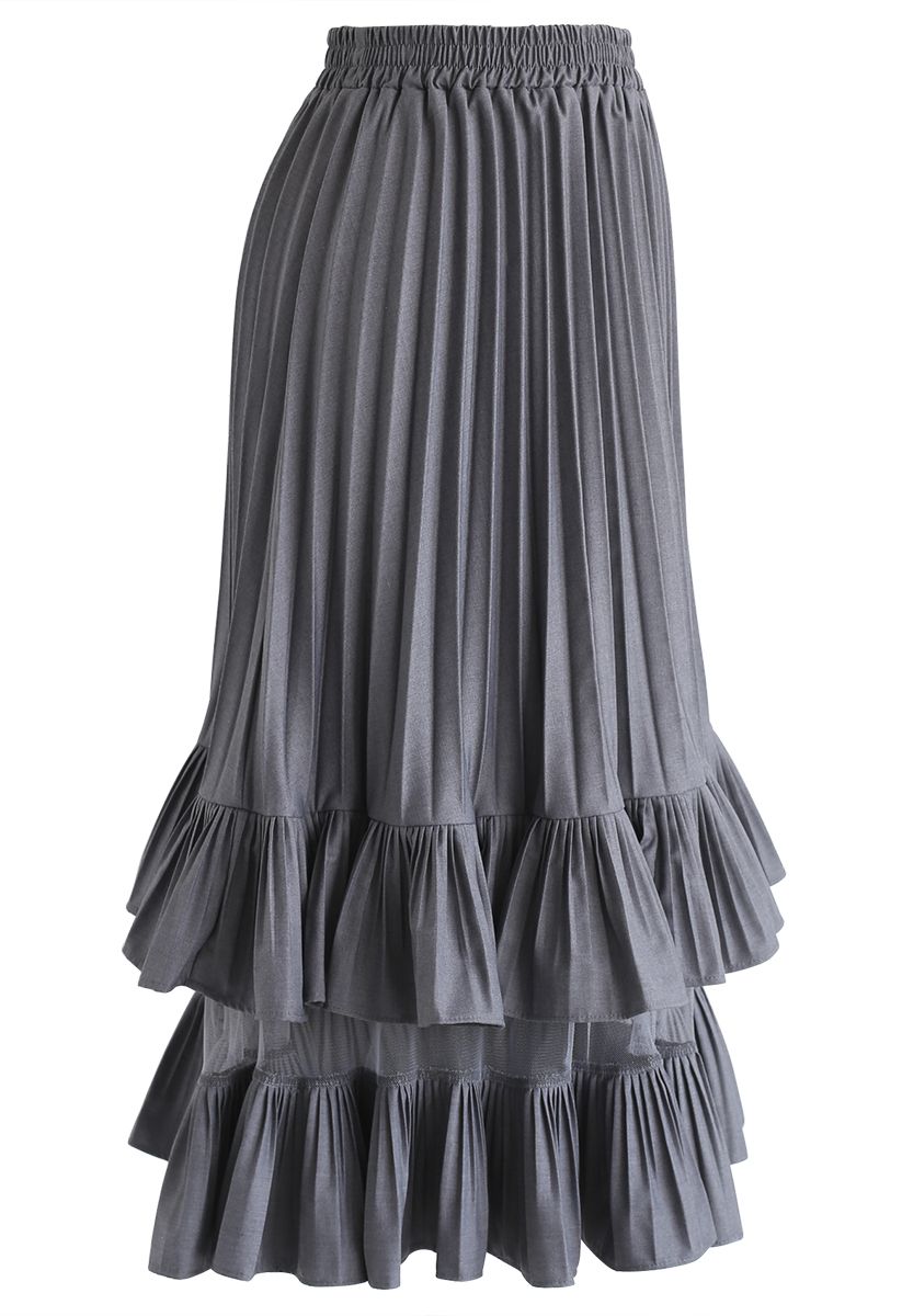 Ruffle Pleated Mesh Skirt in Smoke