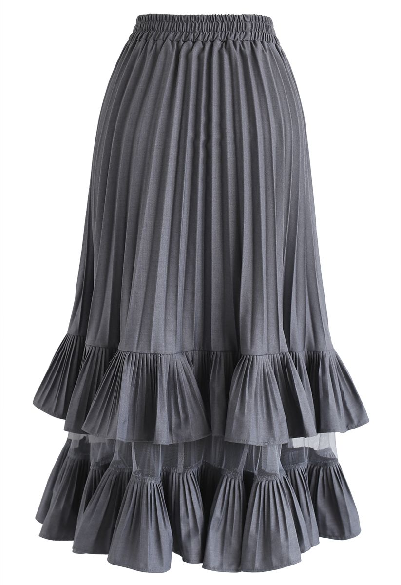 Ruffle Pleated Mesh Skirt in Smoke - Retro, Indie and Unique Fashion