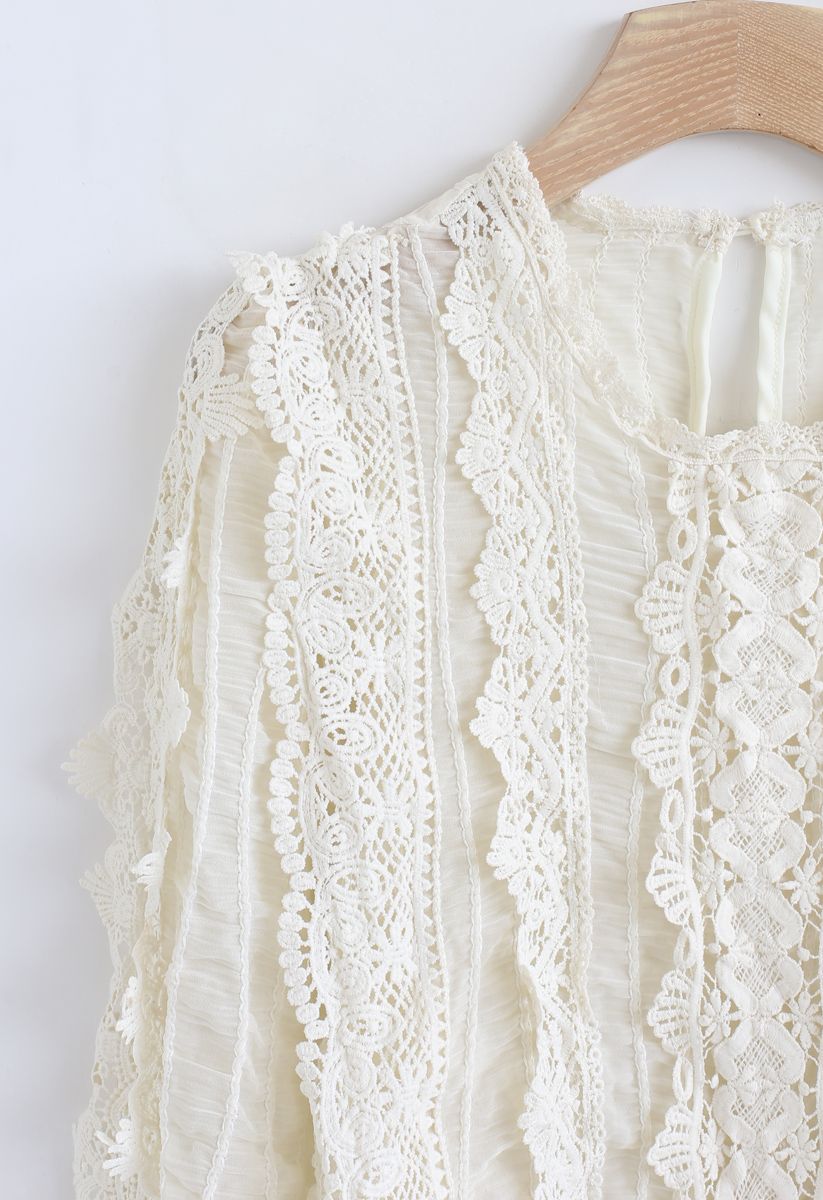 Semi-Sheer Crochet Shirred Top in Cream - Retro, Indie and Unique Fashion