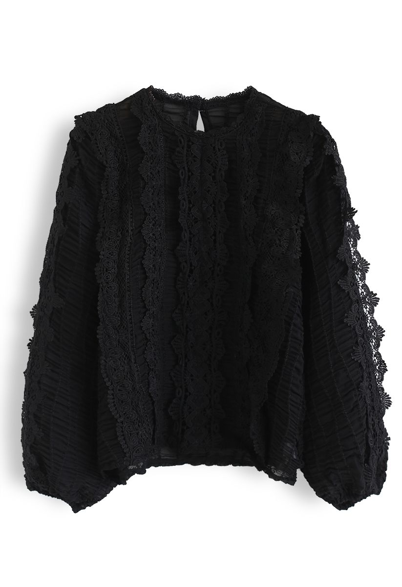 Semi-Sheer Crochet Shirred Top in Black - Retro, Indie and Unique Fashion