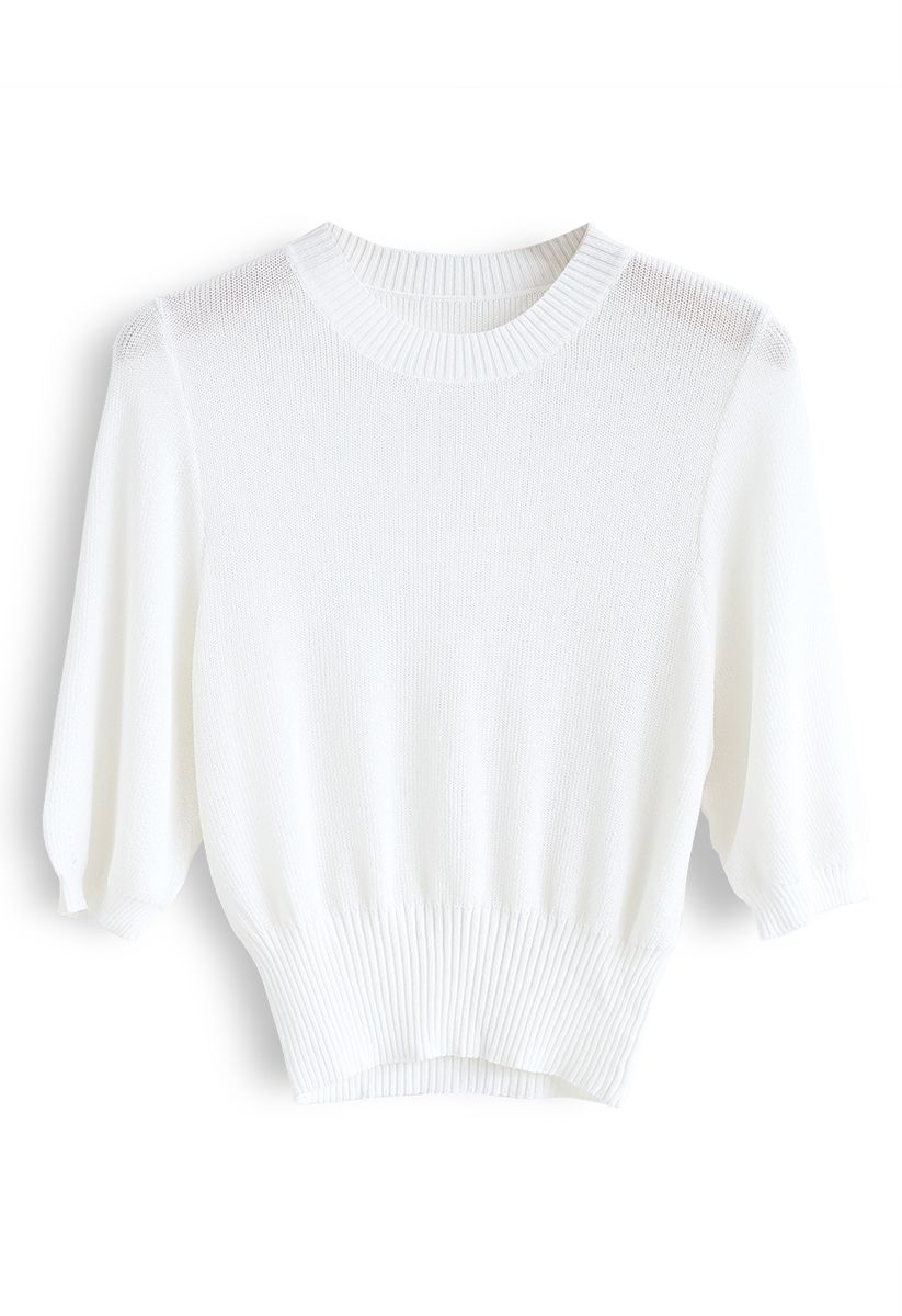 Round Neck Cropped Knit Top in White