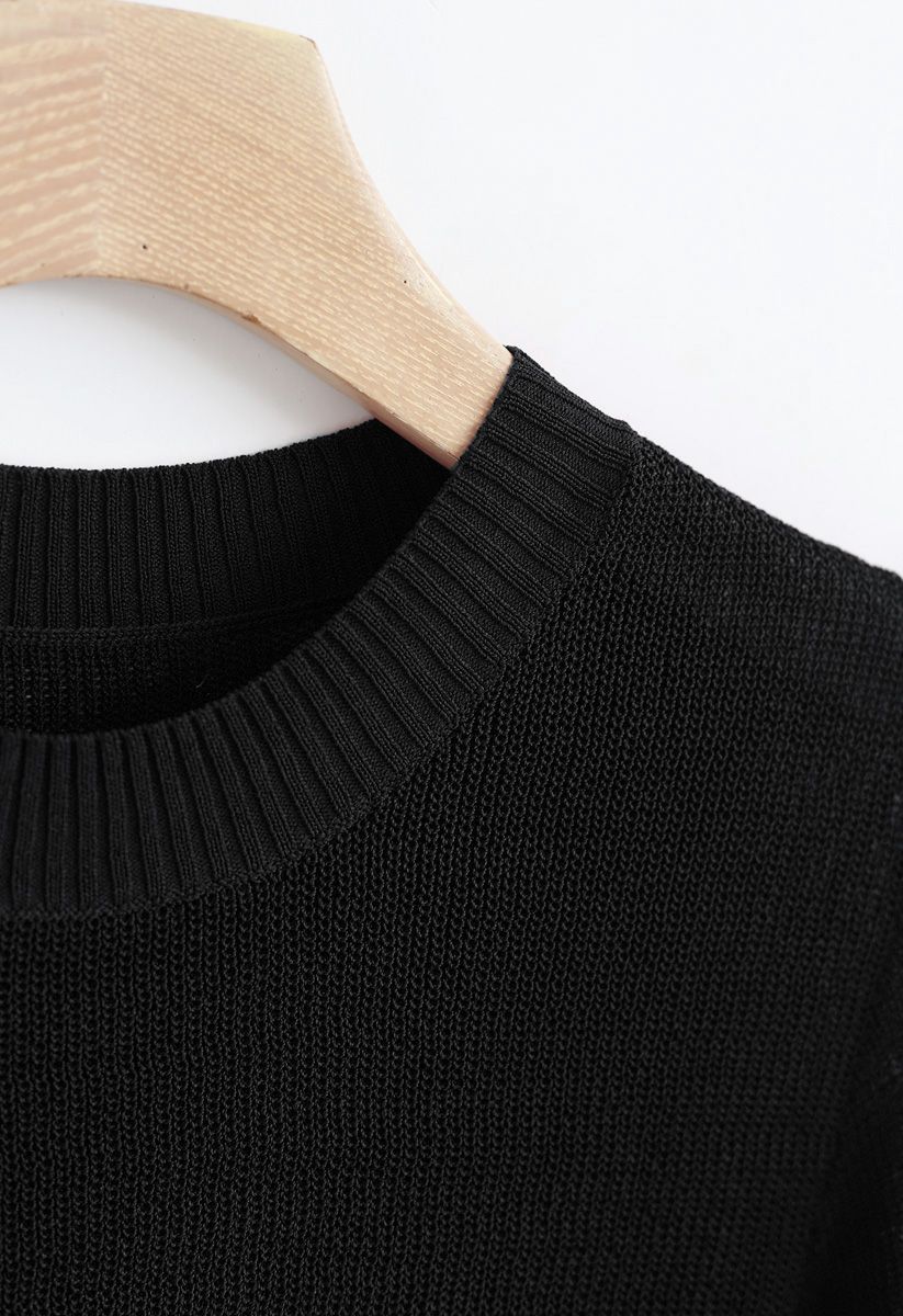 Round Neck Cropped Knit Top in Black - Retro, Indie and Unique Fashion