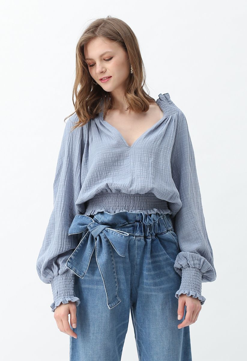 Deep V-Neck Shirred Top in Dusty Blue