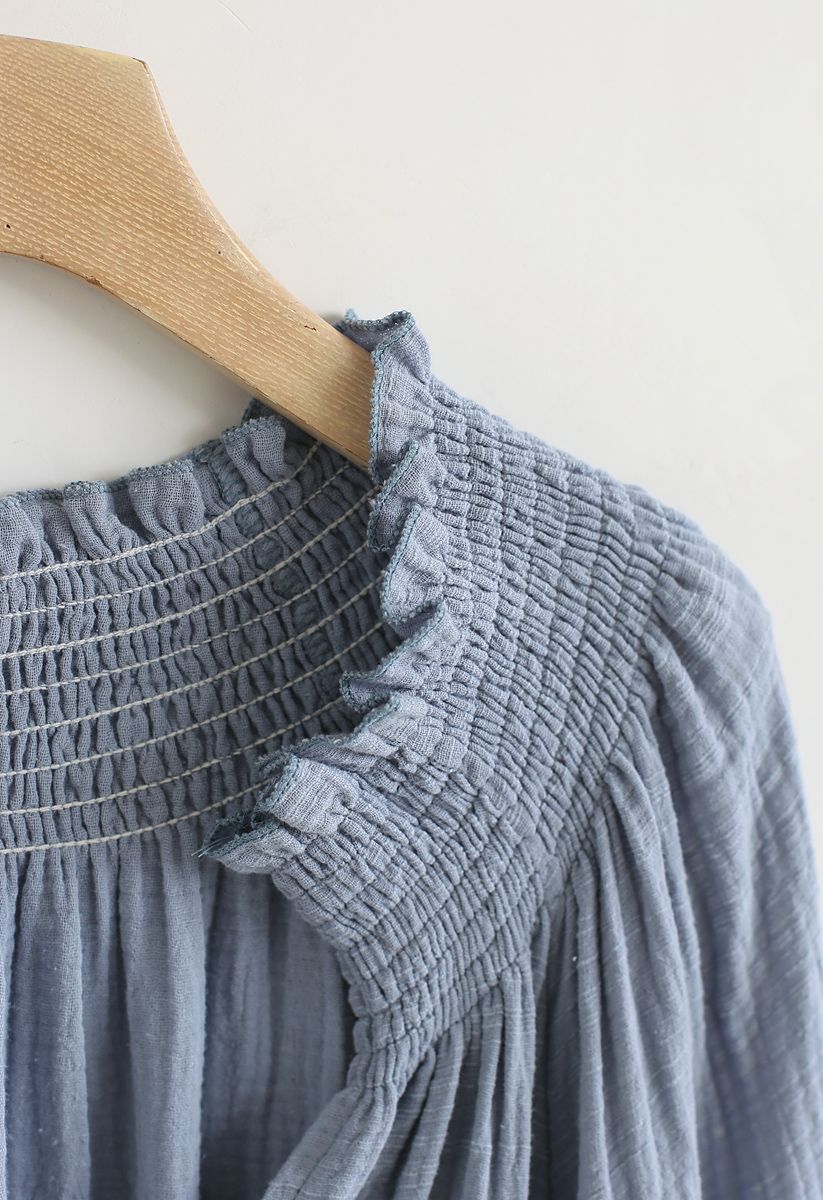 Deep V-Neck Shirred Top in Dusty Blue