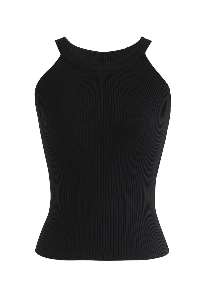 Pat Haven Rationalisatie Fitted Ribbed Knit Halter Tank Top in Black - Retro, Indie and Unique  Fashion