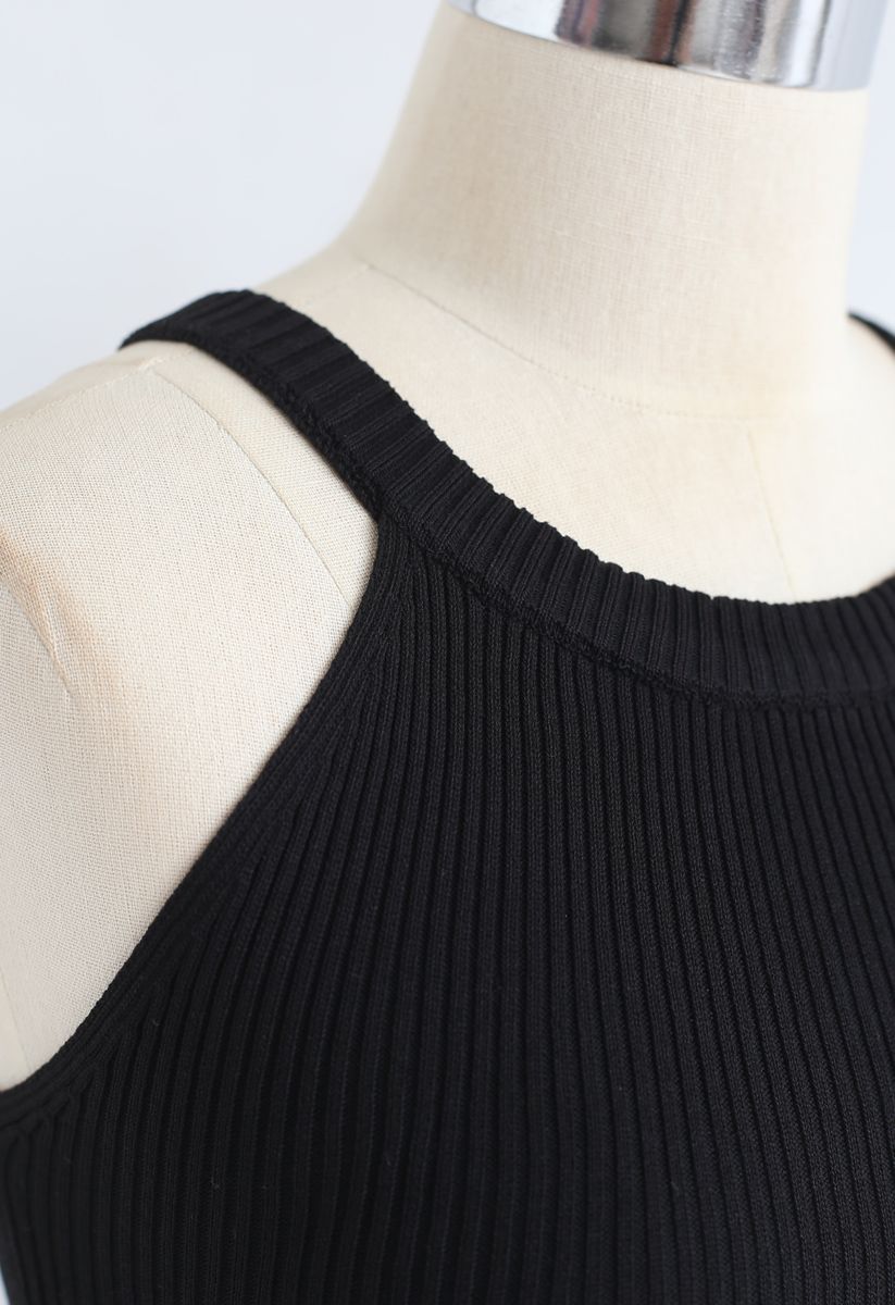 Fitted Ribbed Knit Halter Tank Top in Black - Retro, Indie and Unique ...