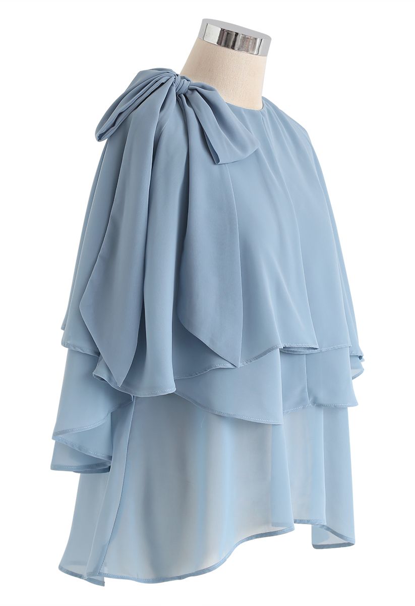 Flowy Ruffle Layered Cold-Shoulder Top in Blue