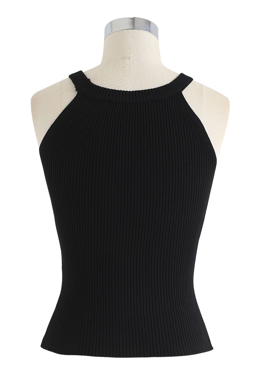 Fitted Ribbed Knit Halter Tank Top in Black - Retro, Indie and