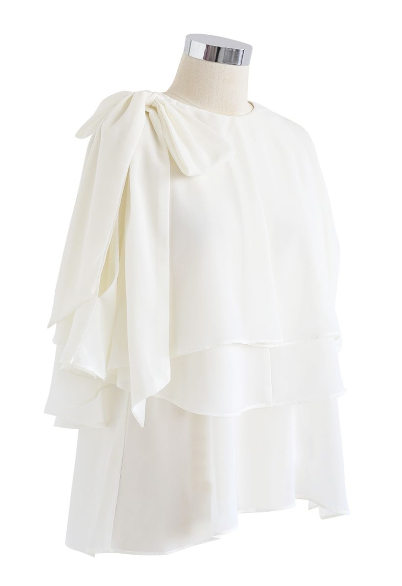 Flowy Ruffle Layered Cold-Shoulder Top in Cream