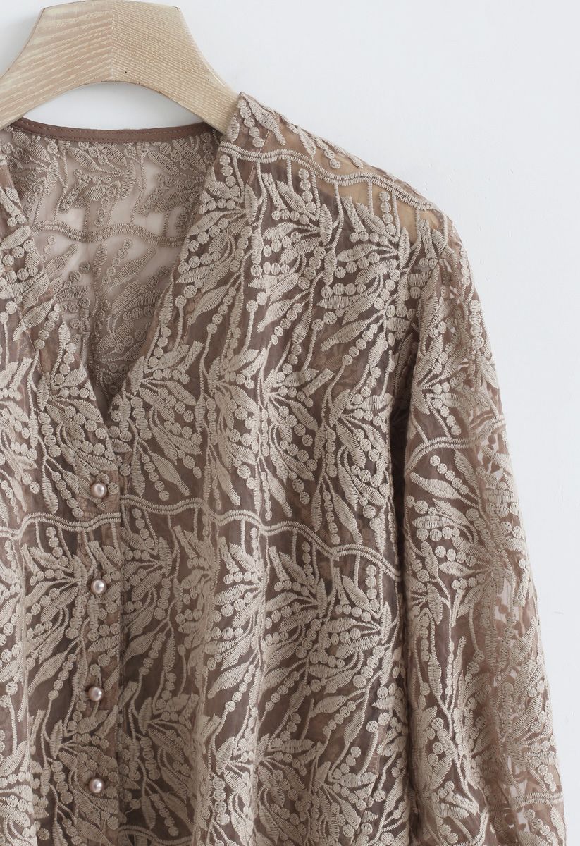 Branches Embroidered Button Down Mesh Top in Bronze