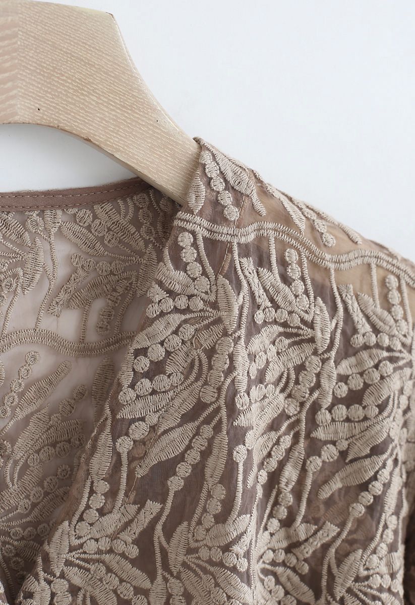 Branches Embroidered Button Down Mesh Top in Bronze