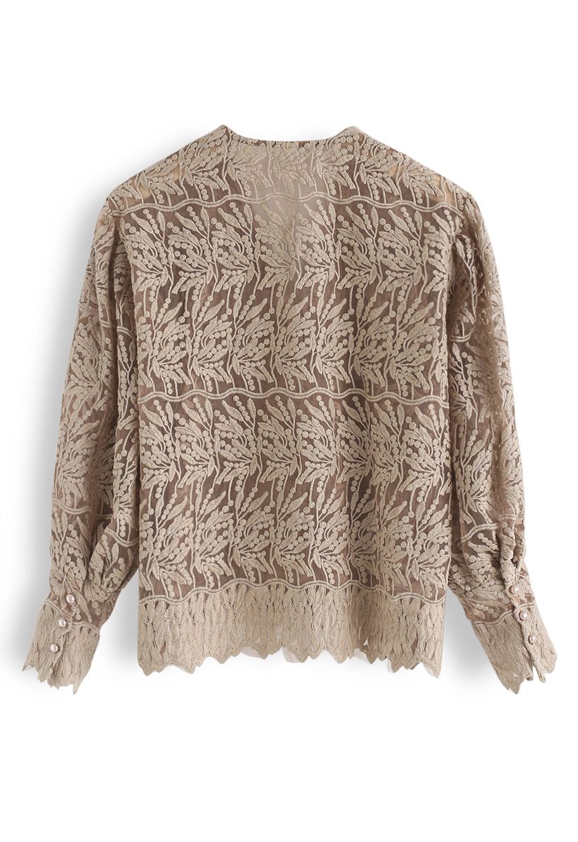 Branches Embroidered Button Down Mesh Top in Bronze