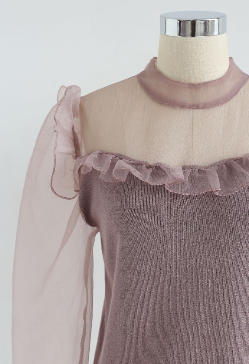 Organza Spliced Puff Sleeves Ruffle Knit Top