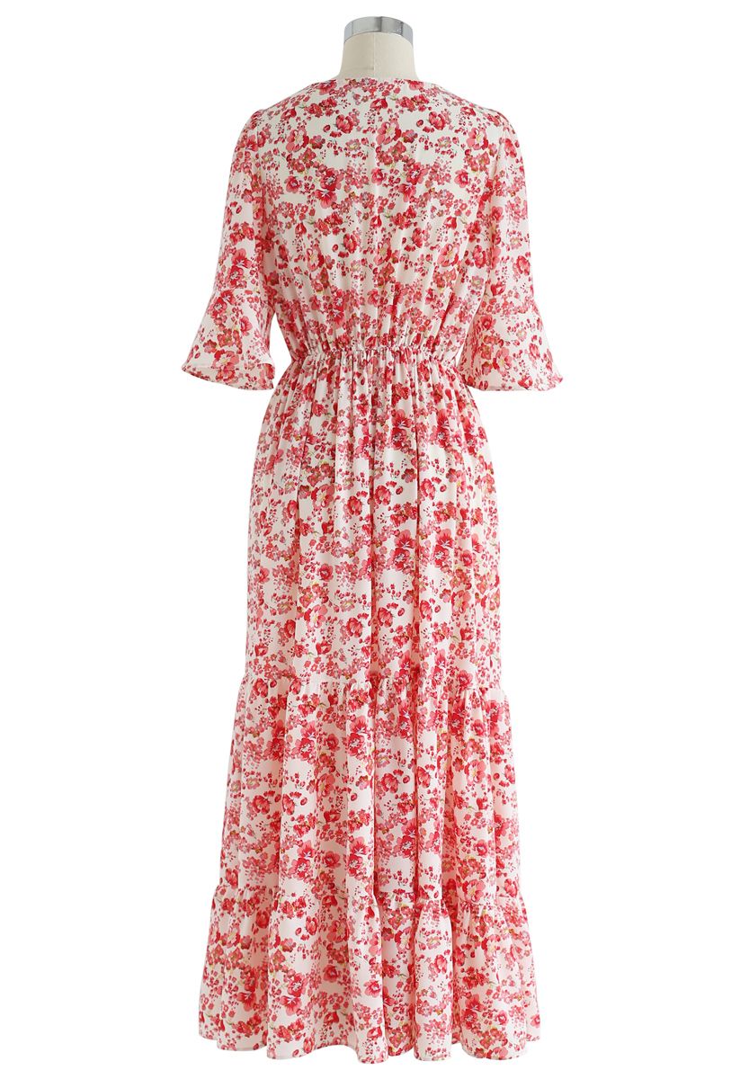 Wildflower Flare Sleeves Wrapped Maxi Dress in Red - Retro, Indie and ...