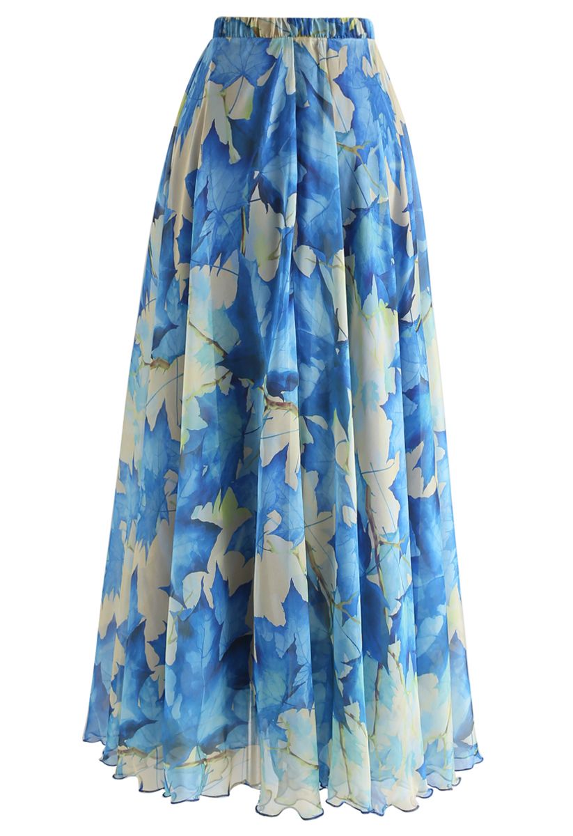 Blue Maple Watercolor Maxi Skirt - Retro, Indie and Unique Fashion