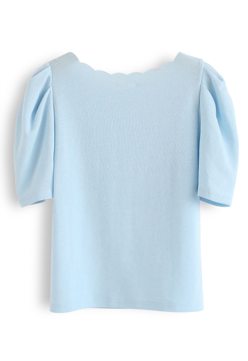 Wavy Neck Bubble Short Sleeves Top in Baby Blue - Retro, Indie and ...
