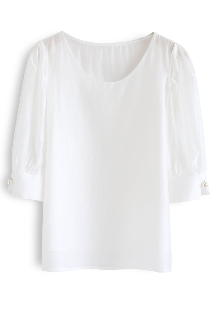 Faux Pearl Decorated Smock Top in White - Retro, Indie and Unique Fashion