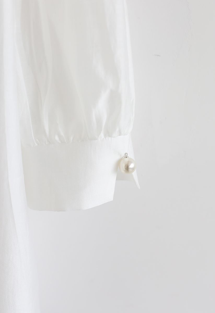 Faux Pearl Decorated Smock Top in White