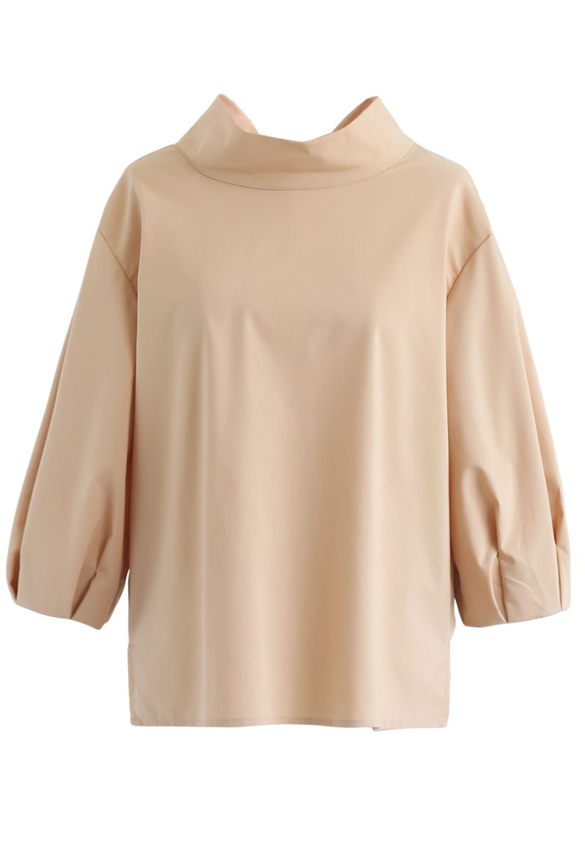 Bow-Neck Puff Sleeves Smock Top in Tan - Retro, Indie and Unique Fashion