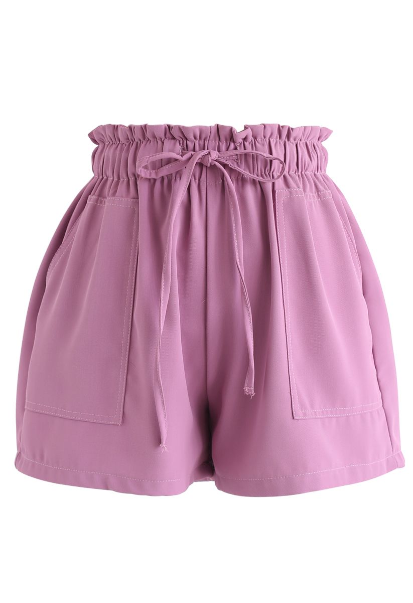 PaperBag-Waist Pockets Shorts in Fuchsia - Retro, Indie and Unique Fashion