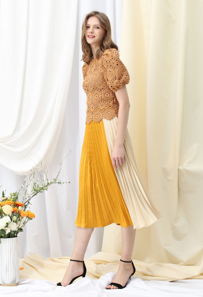 Color-Block Satin Pleated Midi Skirt