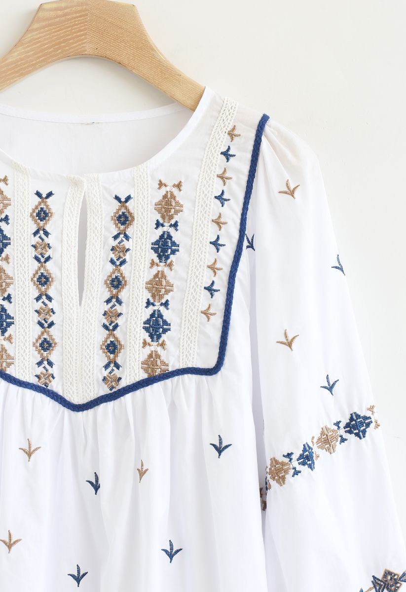 Embroidered Hi-Lo Boho Dolly Top in White - Retro, Indie and Unique Fashion