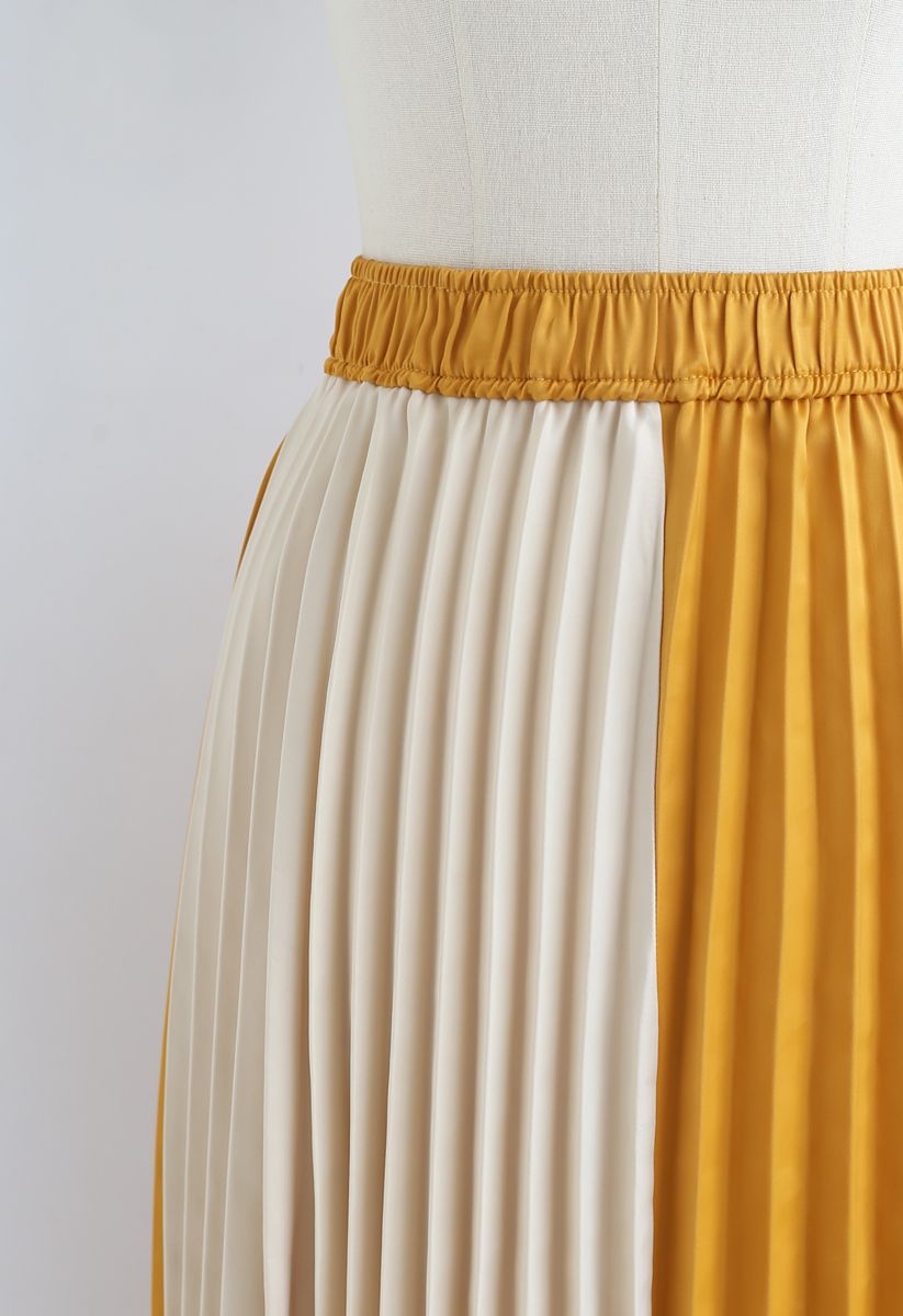 Color-Block Satin Pleated Midi Skirt