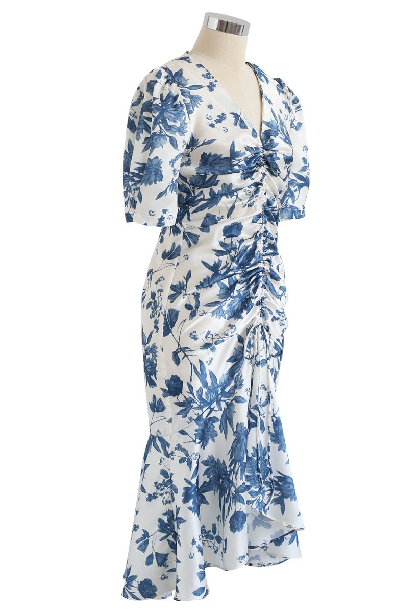 Flounced Hem Drawstring Floral Dress in Navy - Retro, Indie and Unique ...