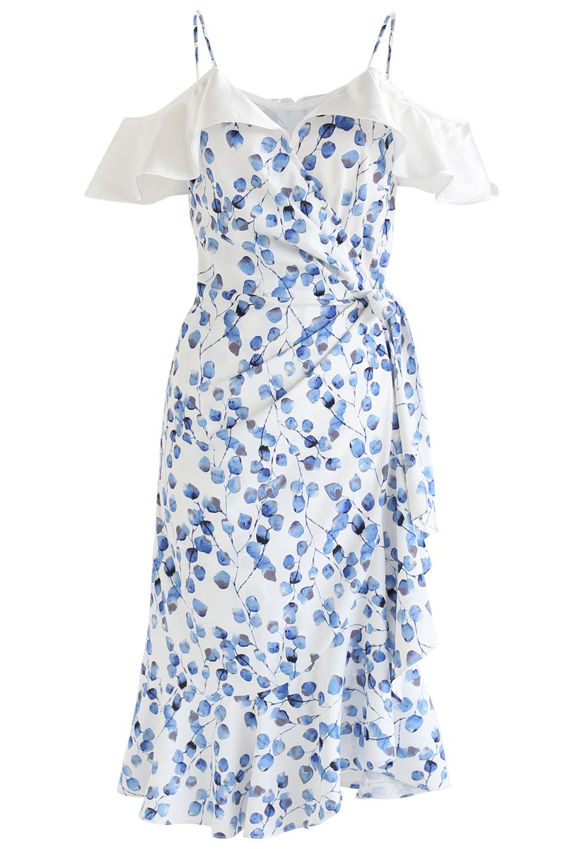 Blue Leaf Print Ruffle Wrapped Cami Dress - Retro, Indie and Unique Fashion