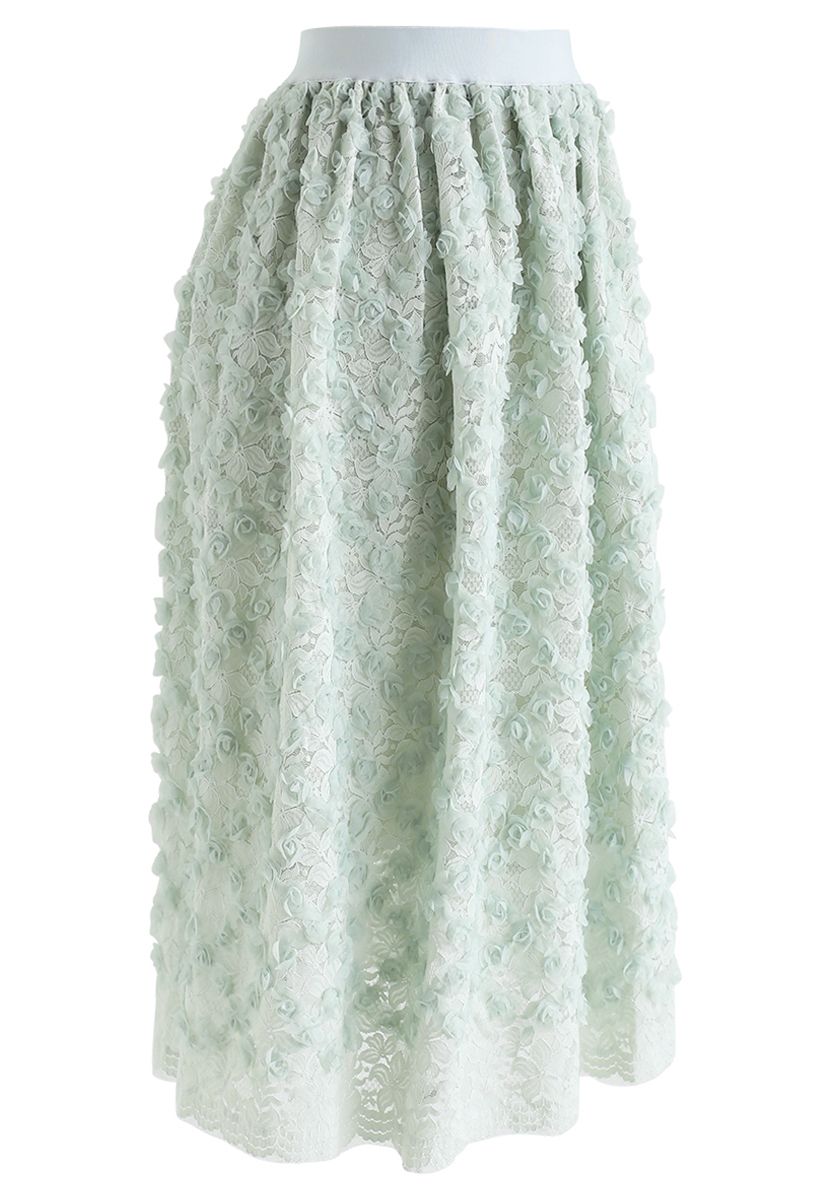 3D Roses Full Lace Midi Skirt in Mint - Retro, Indie and Unique Fashion