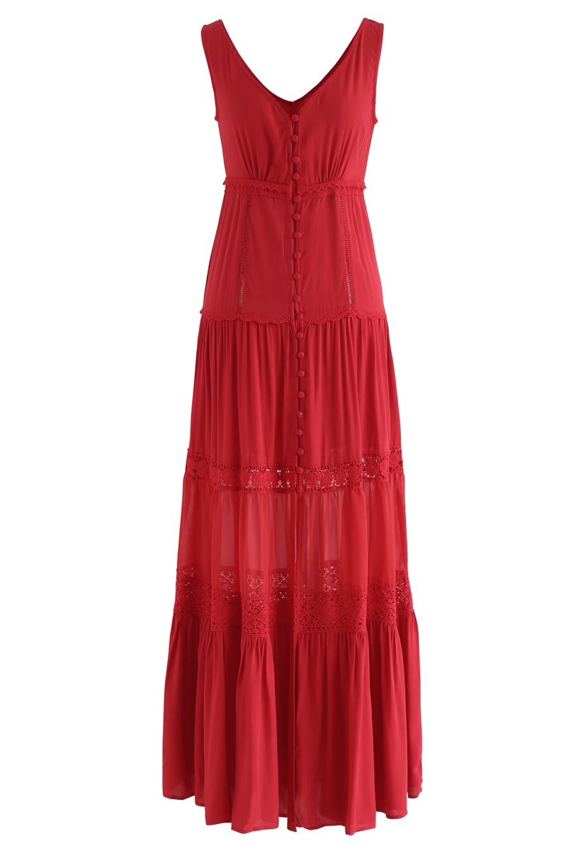 Crochet Trims Panelled Button Down Sleeveless Maxi Dress in Red - Retro ...