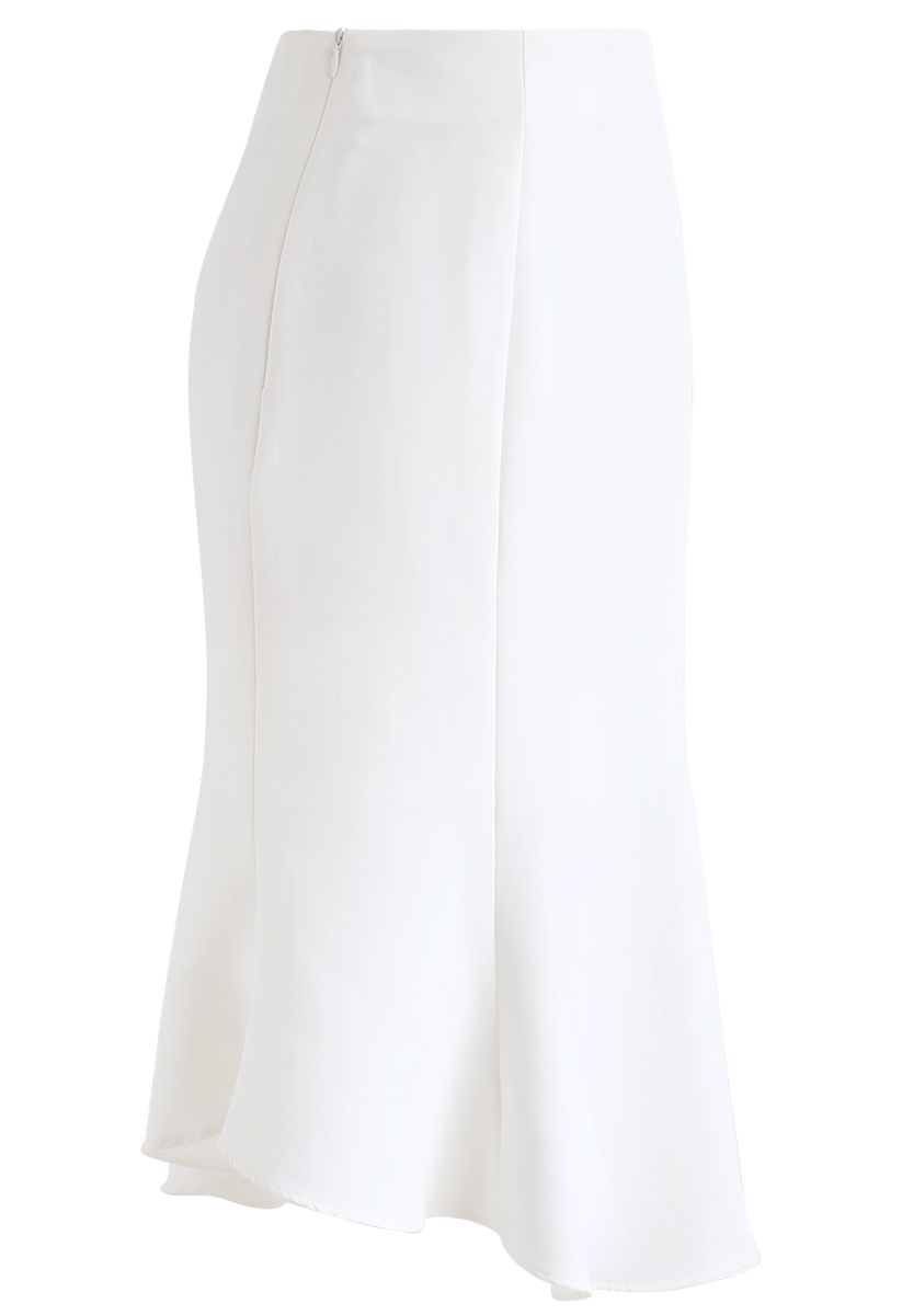 Asymmetric Ruffle Hem Midi Skirt in White - Retro, Indie and Unique Fashion