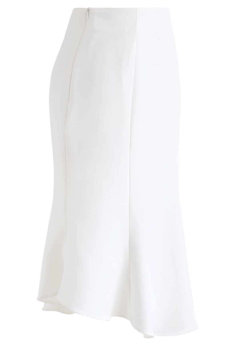 Asymmetric Ruffle Hem Midi Skirt in White