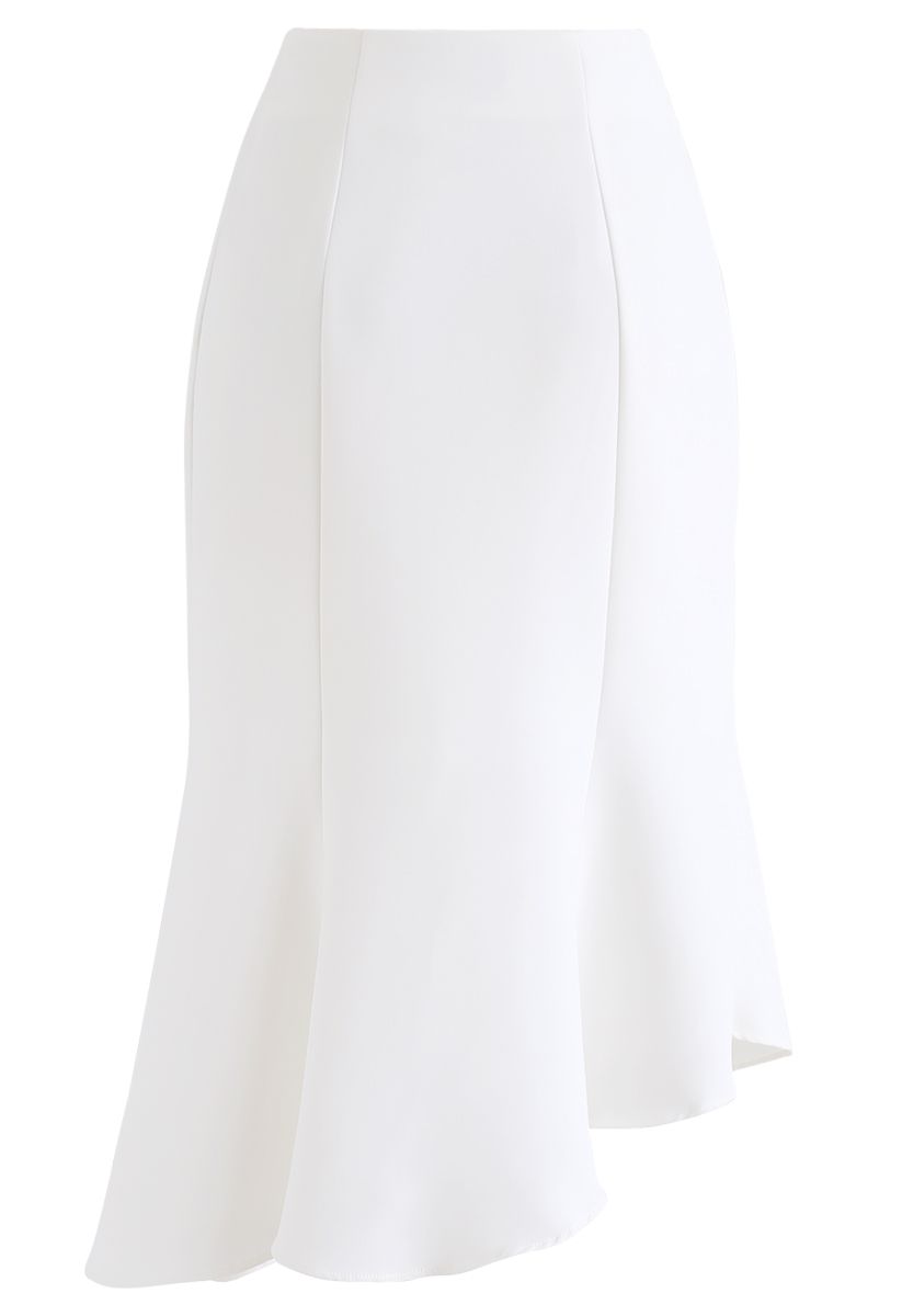 Asymmetric Ruffle Hem Midi Skirt in White