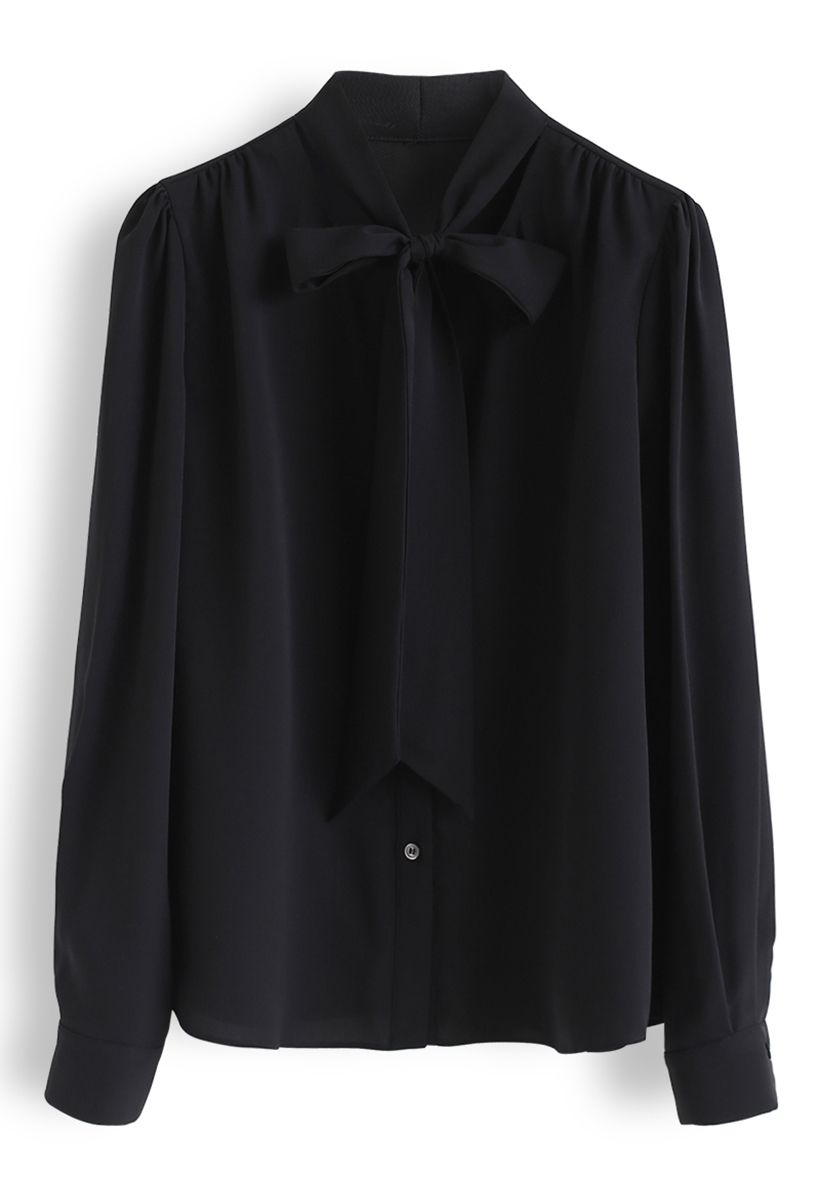 Bowknot Tie Neck Button Down Shirt in Black - Retro, Indie and Unique ...