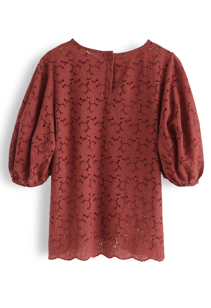 Full Flowers Embroidered Eyelet Puff Sleeves Top in Rust - Retro, Indie ...