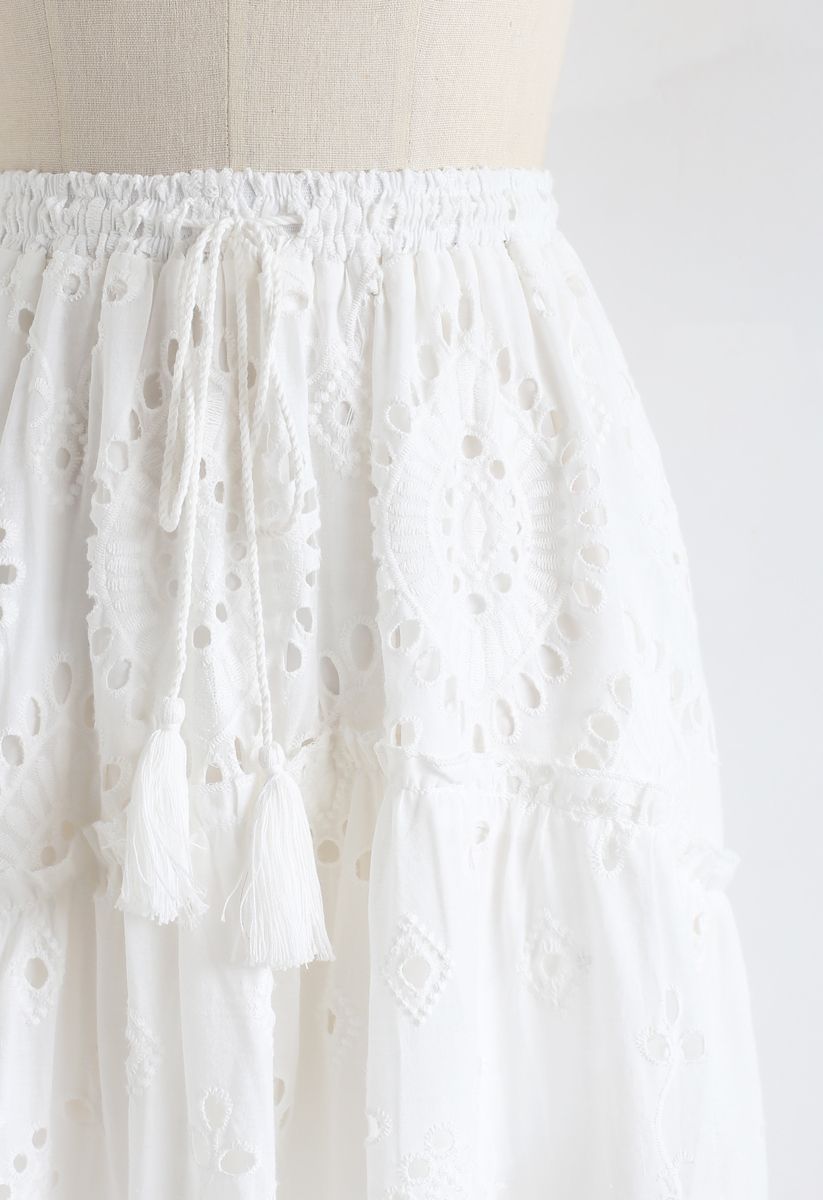 Broderie Anglaise Tassel Midi Skirt in White - Retro, Indie and Unique ...