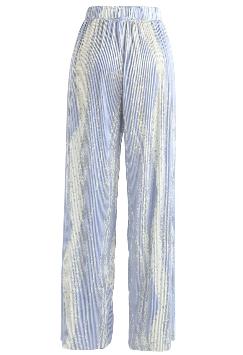 Contrast Color Print Pleated Wide-Leg Pants in Blue