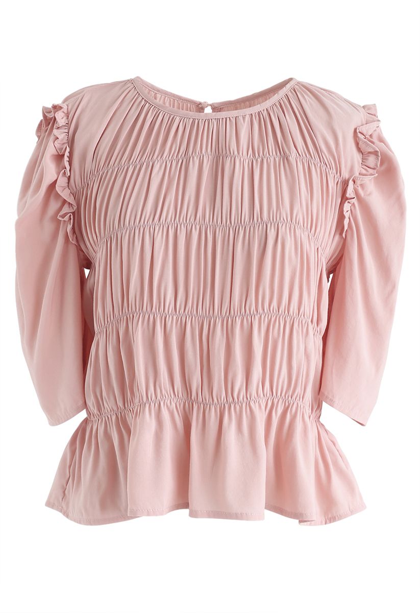 Ruffle Shirred Round Neck Top in Coral - Retro, Indie and Unique Fashion