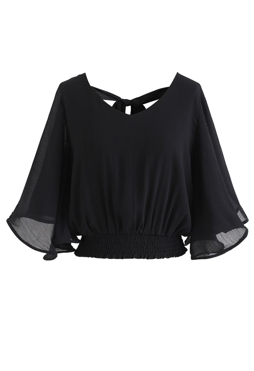 Butterfly Flare Sleeves V-Neck Crop Top in Black - Retro, Indie and ...