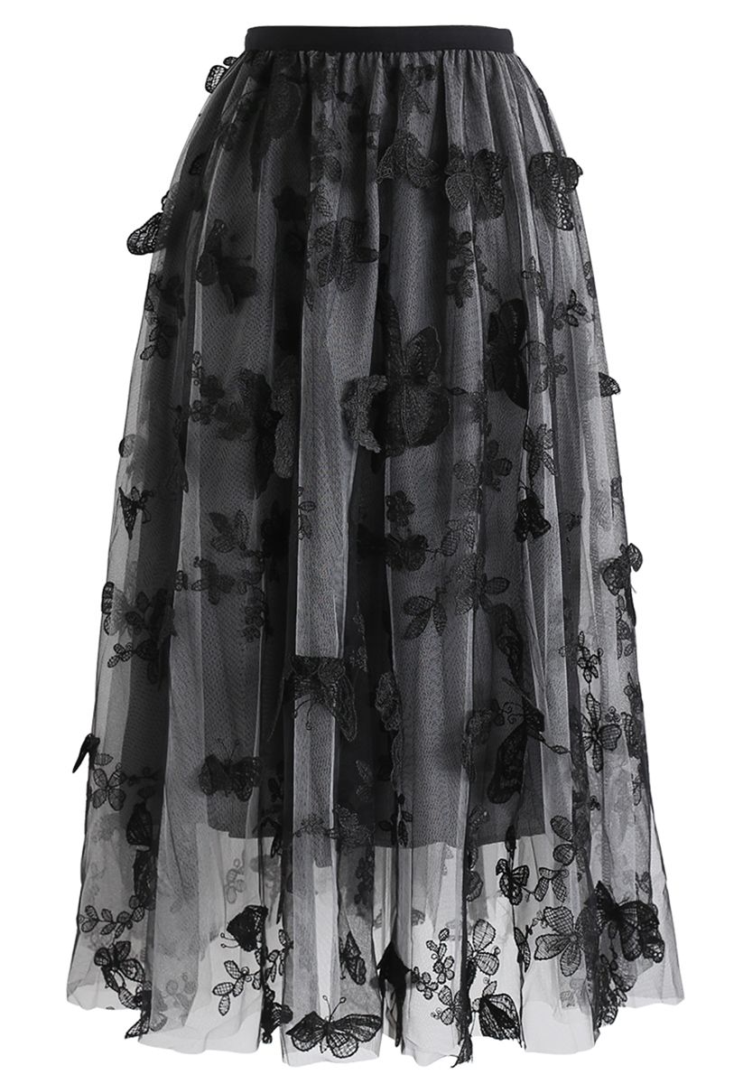 3d Butterfly Double Layered Mesh Midi Skirt In Smoke Retro Indie And Unique Fashion