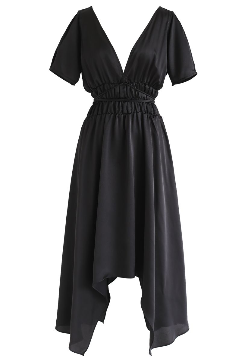 Plunging V-Neck Shirred Asymmetric Dress in Black - Retro, Indie and ...