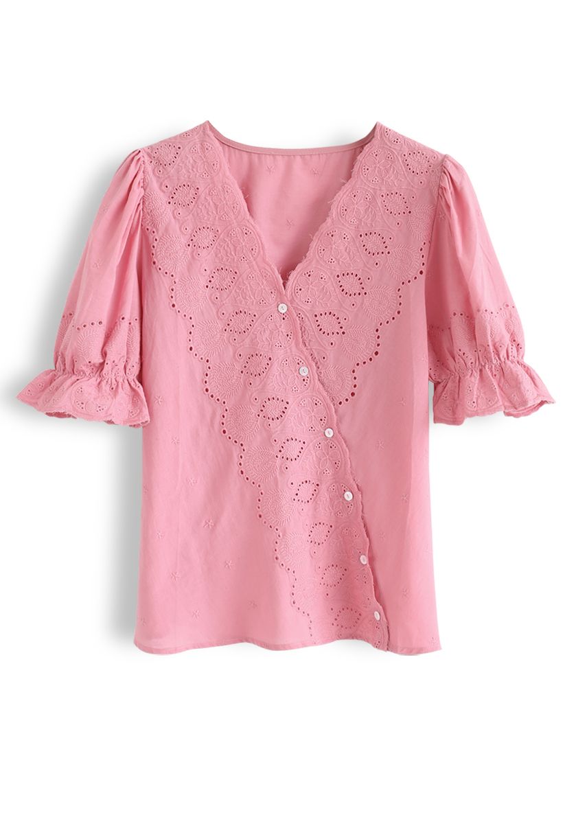 Slanted Embroidery Button Down Top in Hot Pink