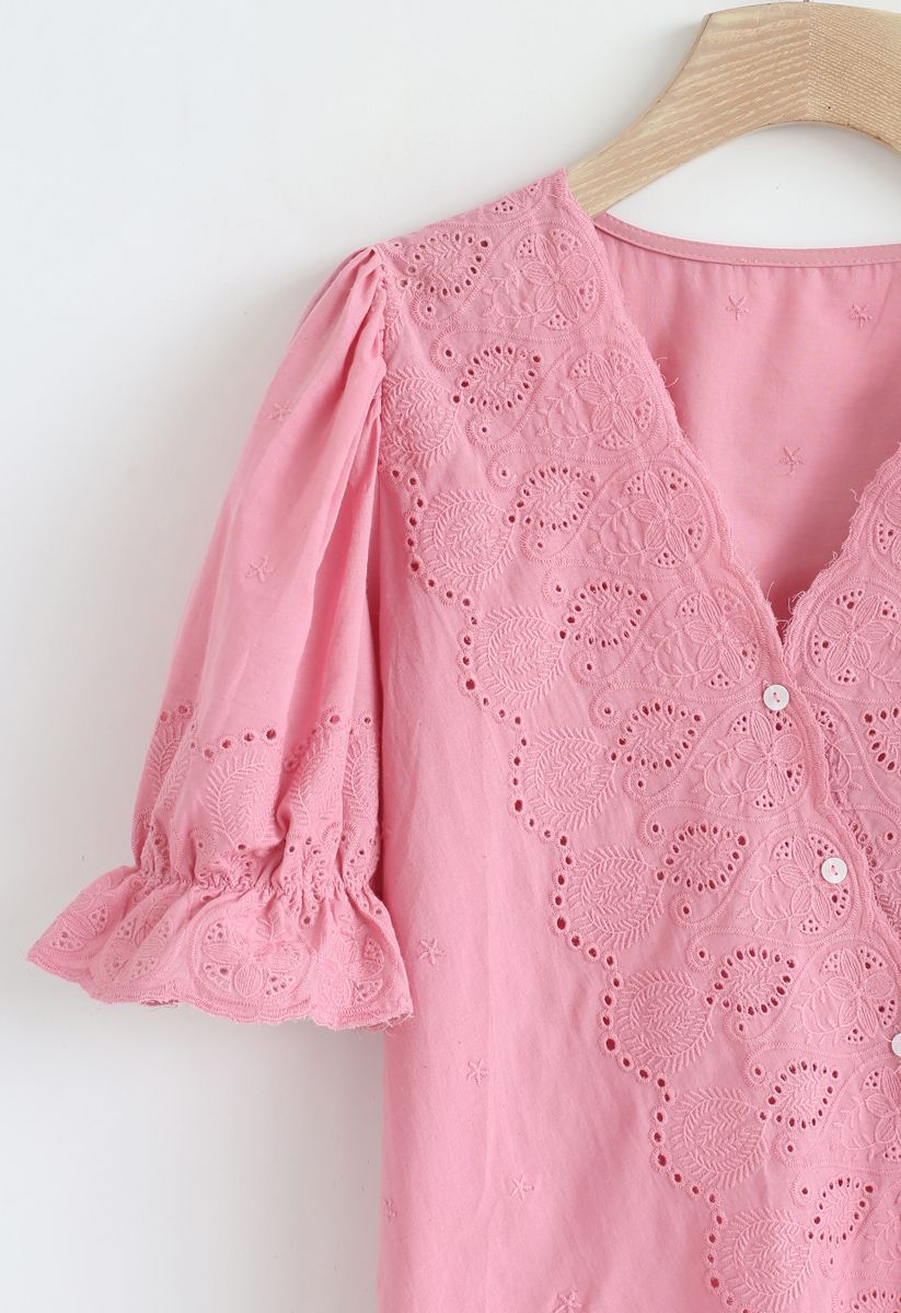 Slanted Embroidery Button Down Top in Hot Pink