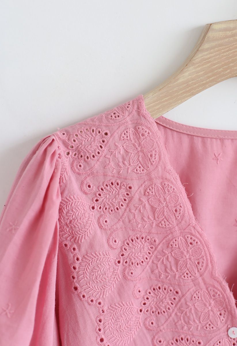 Slanted Embroidery Button Down Top in Hot Pink