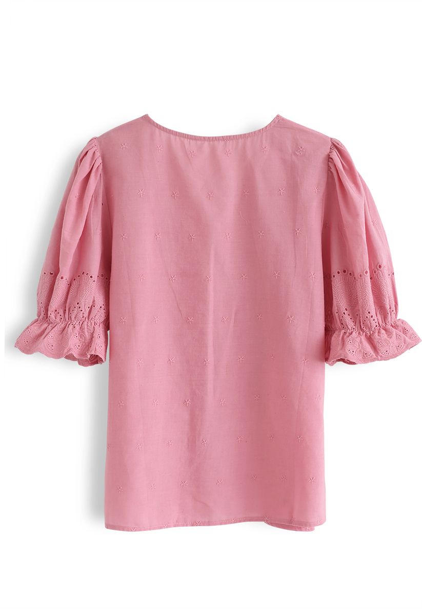 Slanted Embroidery Button Down Top in Hot Pink