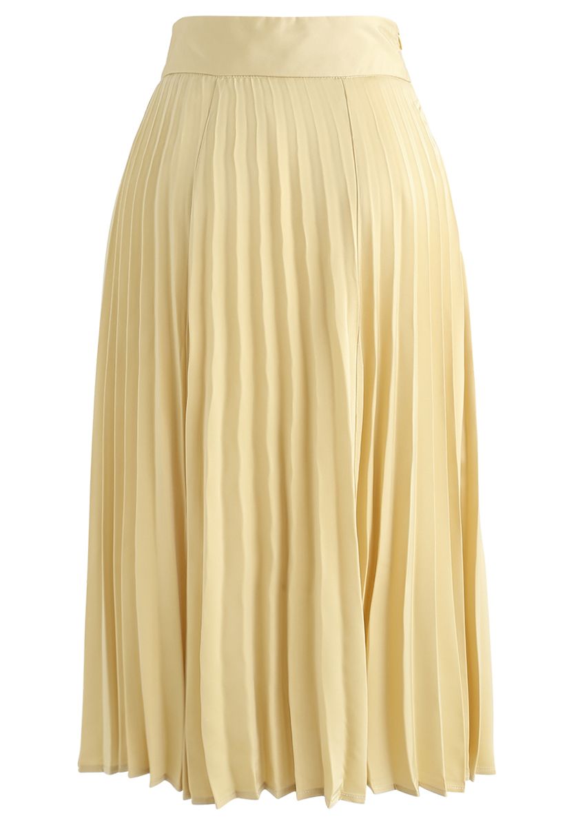 Satin Full Pleated Midi Skirt in Yellow - Retro, Indie and Unique Fashion