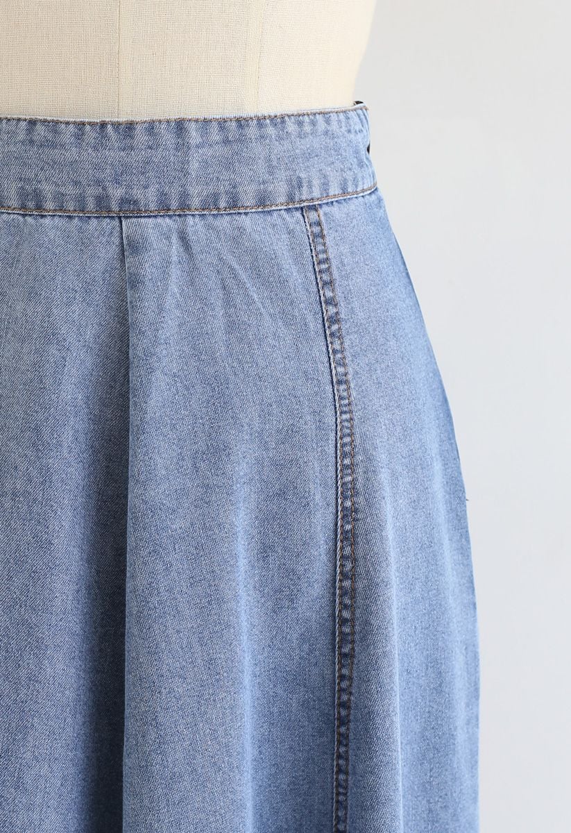 Seam Detail Denim A-Line Midi Skirt in Light Blue