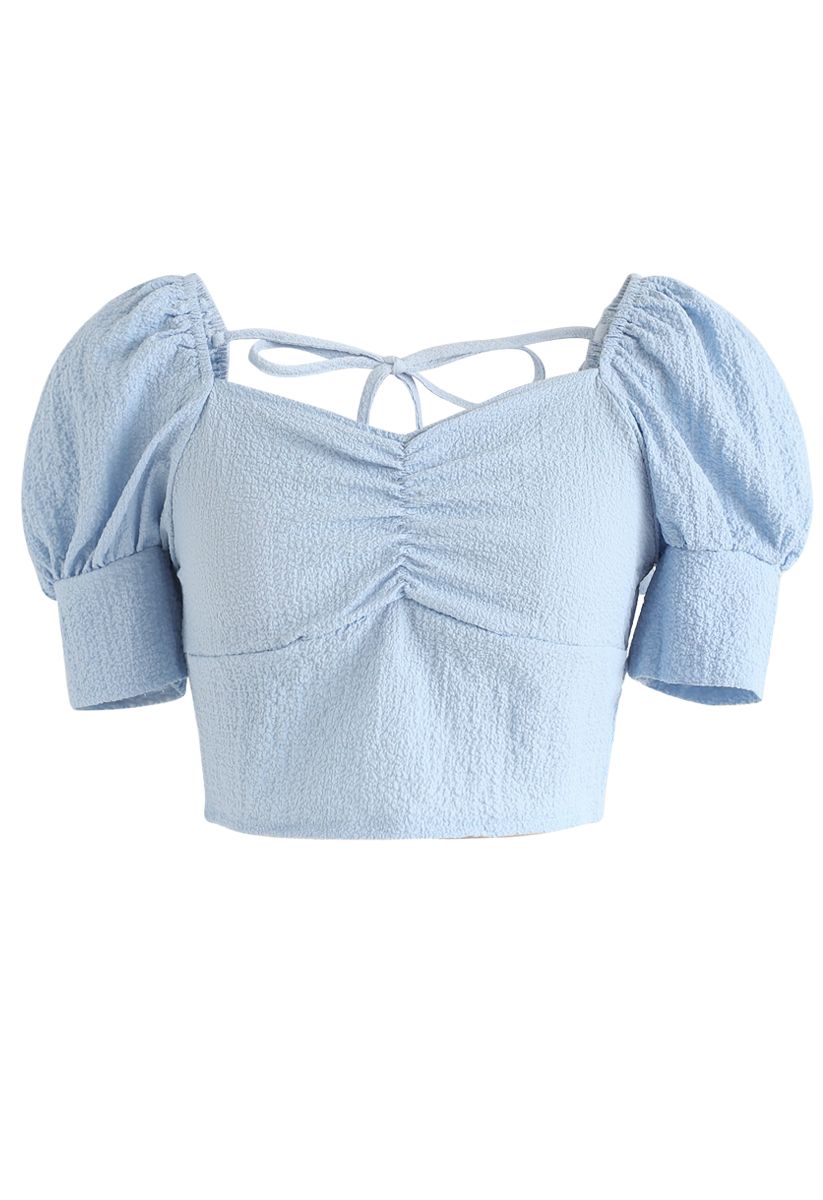Shirred Back Sweetheart Neck Crop Top in Baby Blue - Retro, Indie and ...