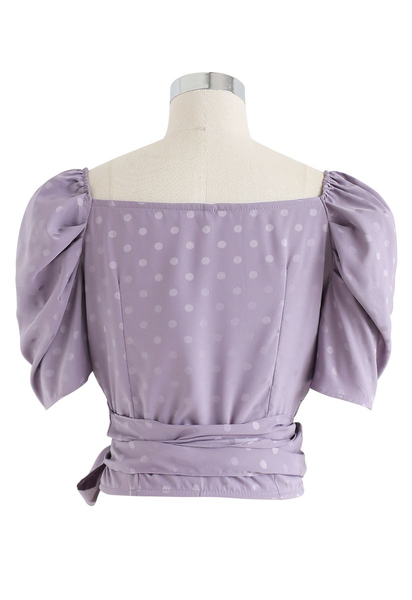 Wrapped Front Puff Sleeves Dots Crop Top in Purple